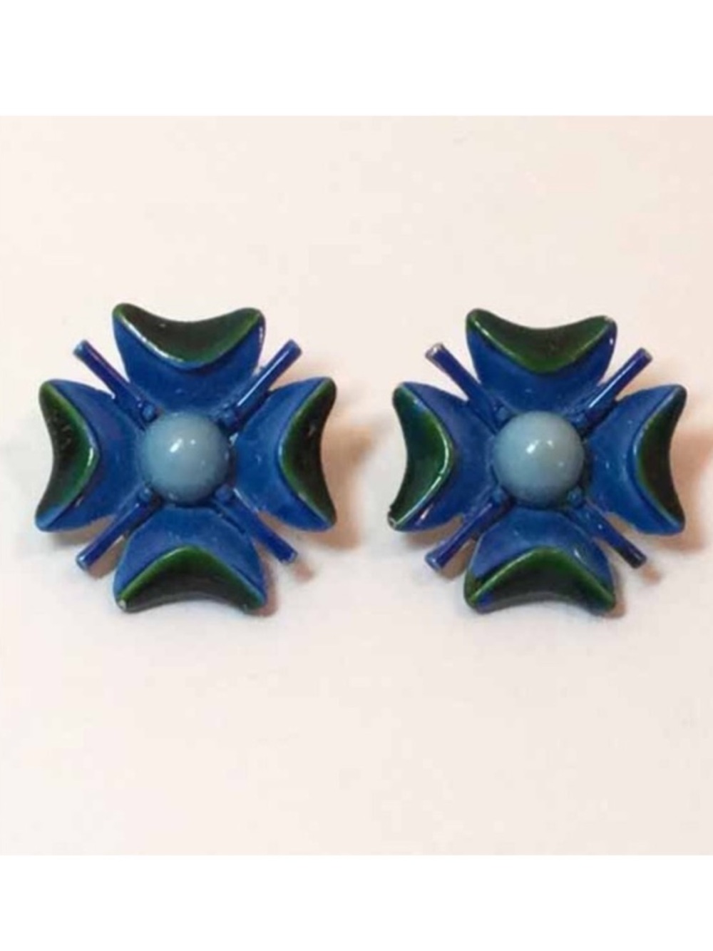 ART Blue / Green Enamel Earrings - Vintage Clips